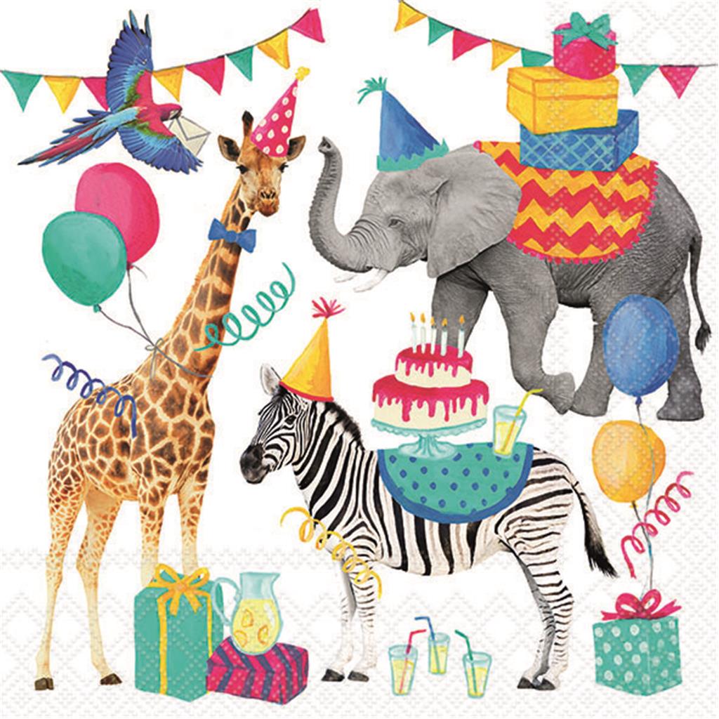 PAQUET 20 TOVALLONS PAPER 33x33cm MOD.ANIMAL BIRTHDAY WHITE  AMBIENTE (1 PQ)