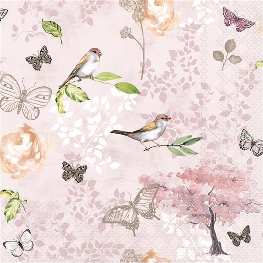 PAQUET 20 TOVALLONS PAPER 33x33cm MOD.BIRDS AND BUTTERFLIES PINK AMBIENTE (1 PQ)