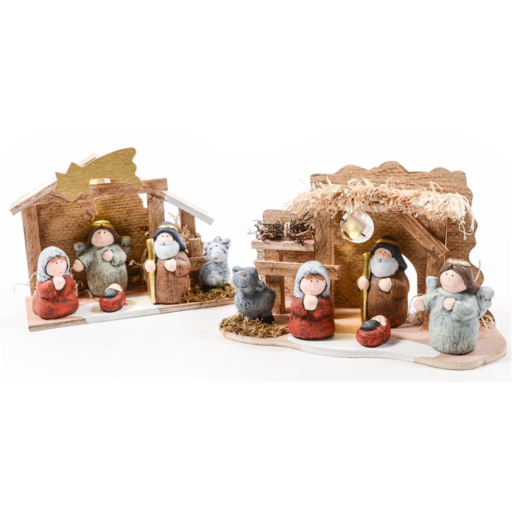 BELEN AMB 5 FIGURES EN CERAMICA I FUSTA AMB LLUMS 20.5x8xh14cm DH&G (1 UD)