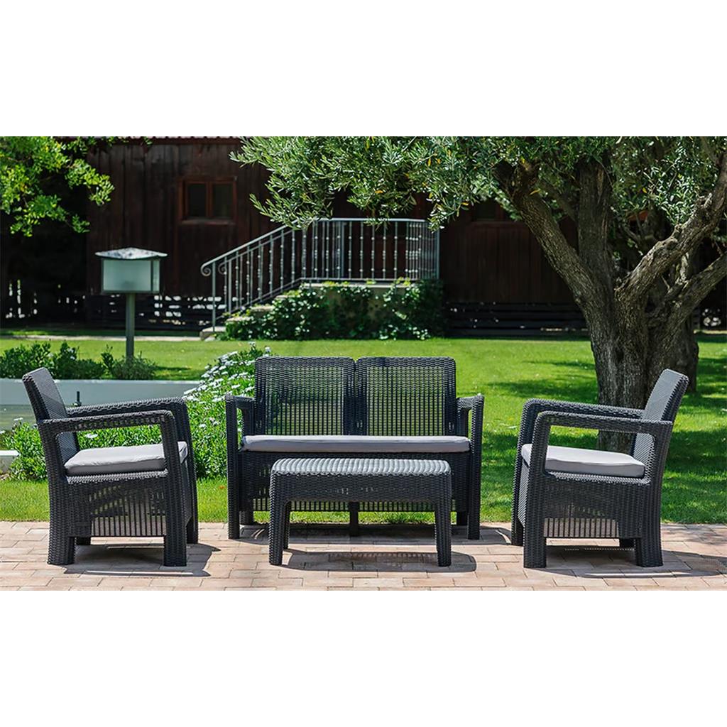 CONJUNT KETER MOD.TARIFA LOUNGE SET ANTRACITA SOFA 2 PLACES+2 BUTAQUES+ TAULA 180x69xh79cm+71x69xh79cm+77x55xh40cm (1 CJ)